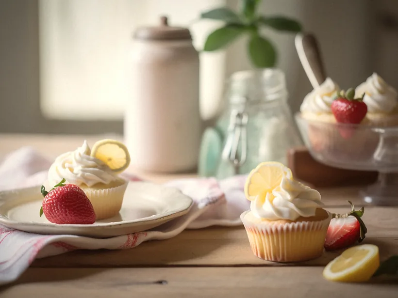 Freshly frosted cupcakes on a farmhouse kitchen table